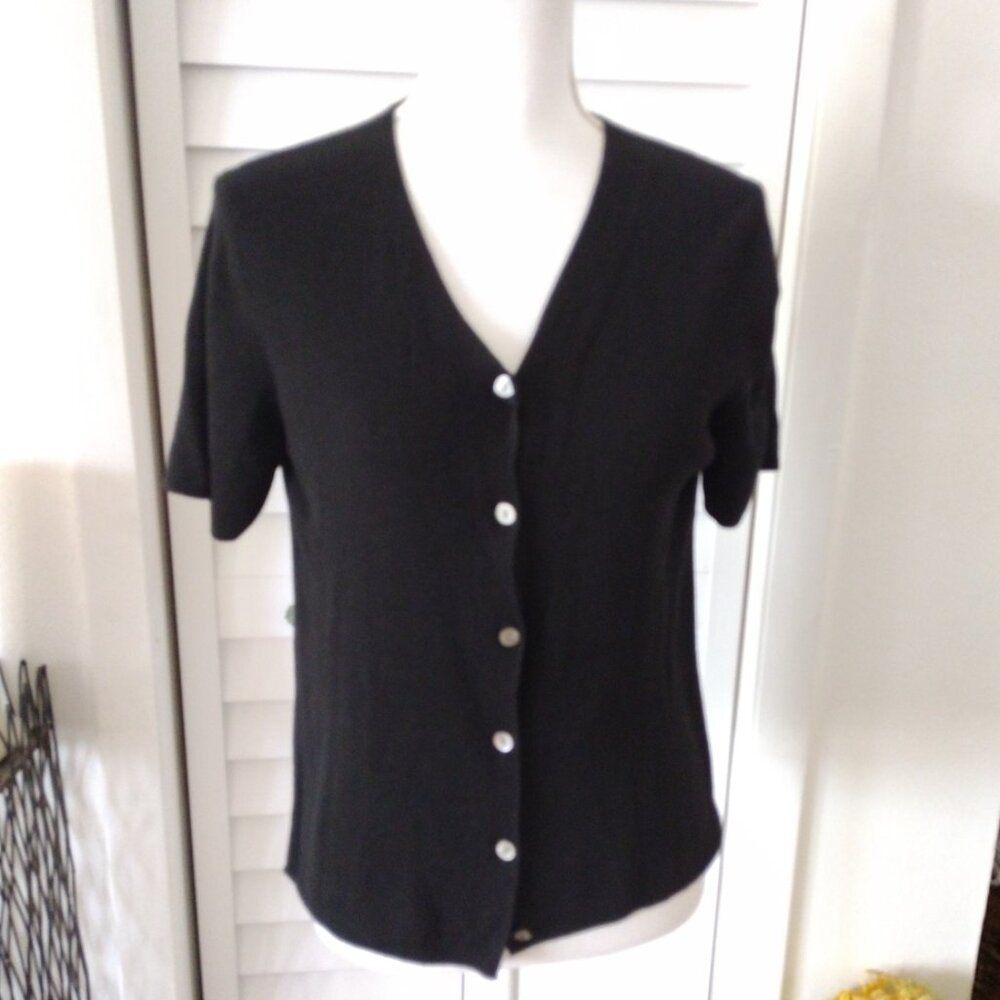Lord & Taylor Black Short-Sleeve V-Neck Button Cardigan